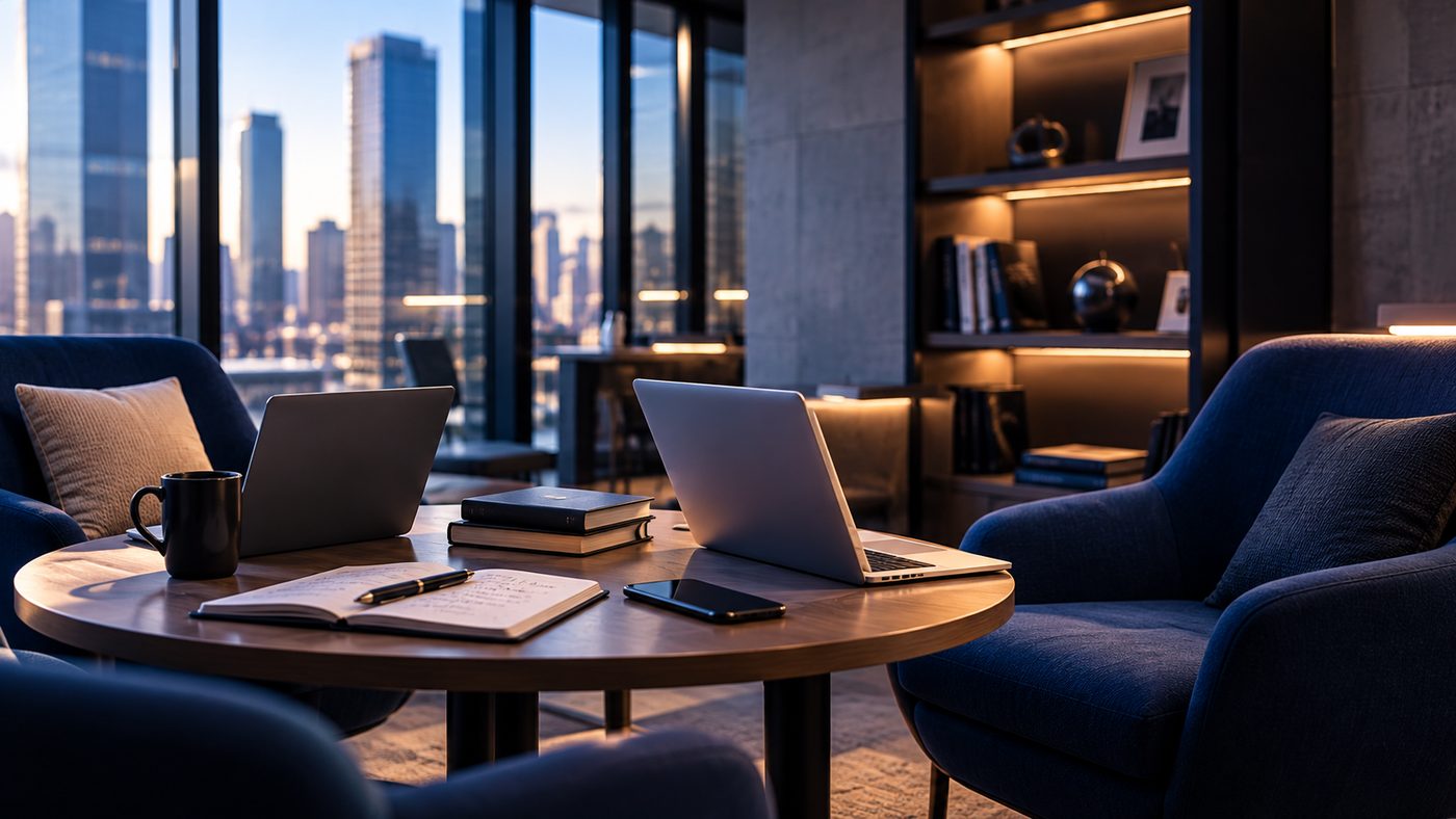 Two laptops facing each other across a table in a quiet lounge, ready for a mentoring session