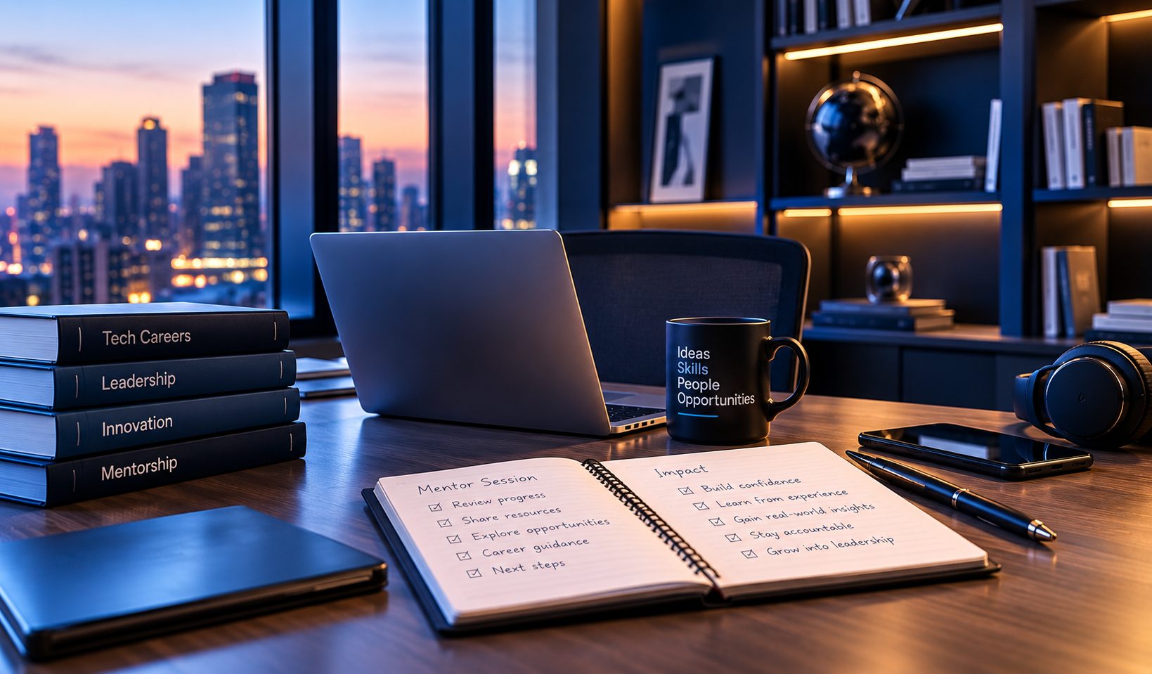 A mentor's desk at dusk with a mentor-session notebook, laptop and mentorship books