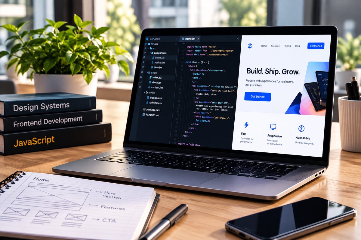 A laptop showing React code beside the website it builds