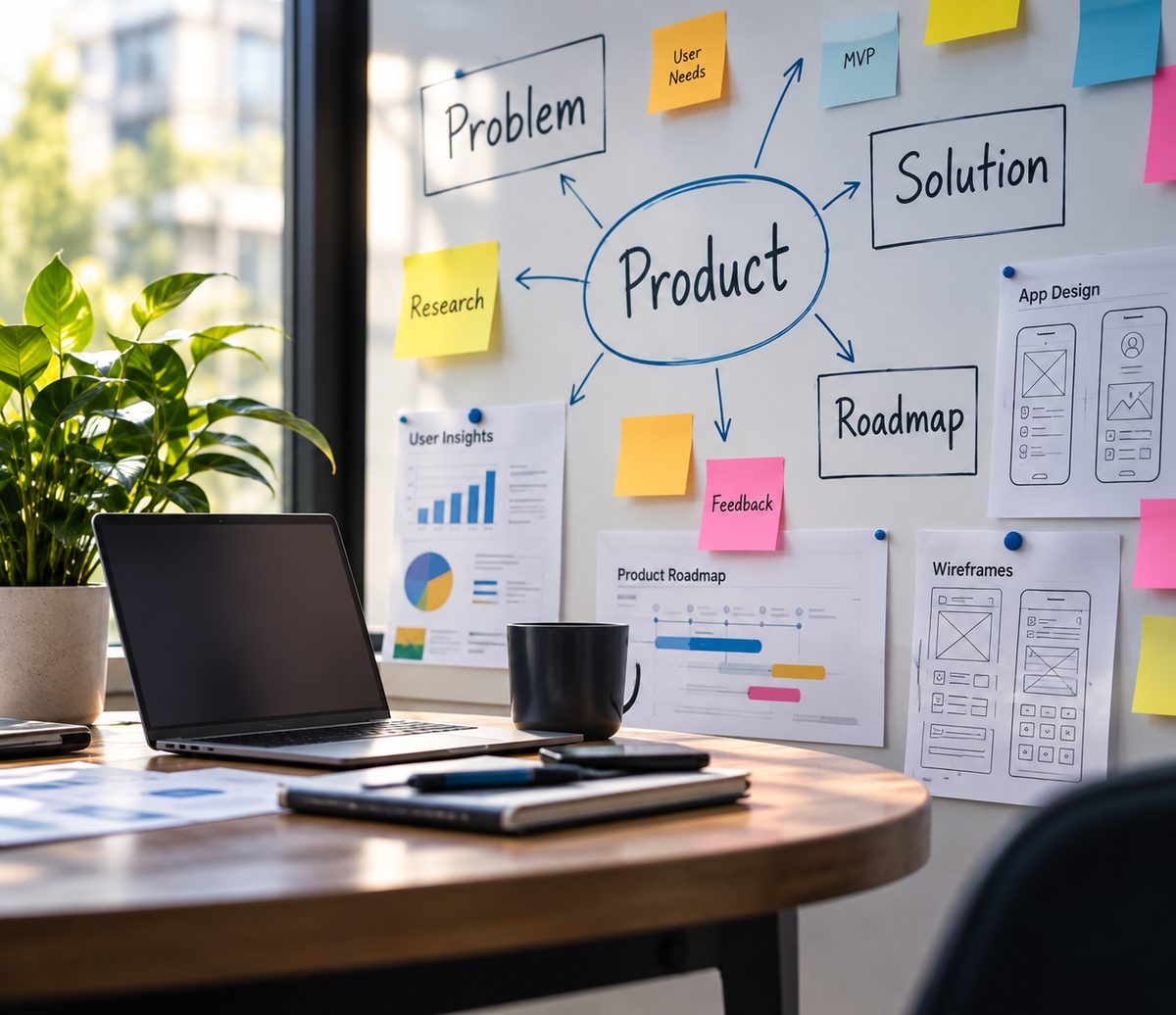 A whiteboard mapping a product from problem to roadmap
