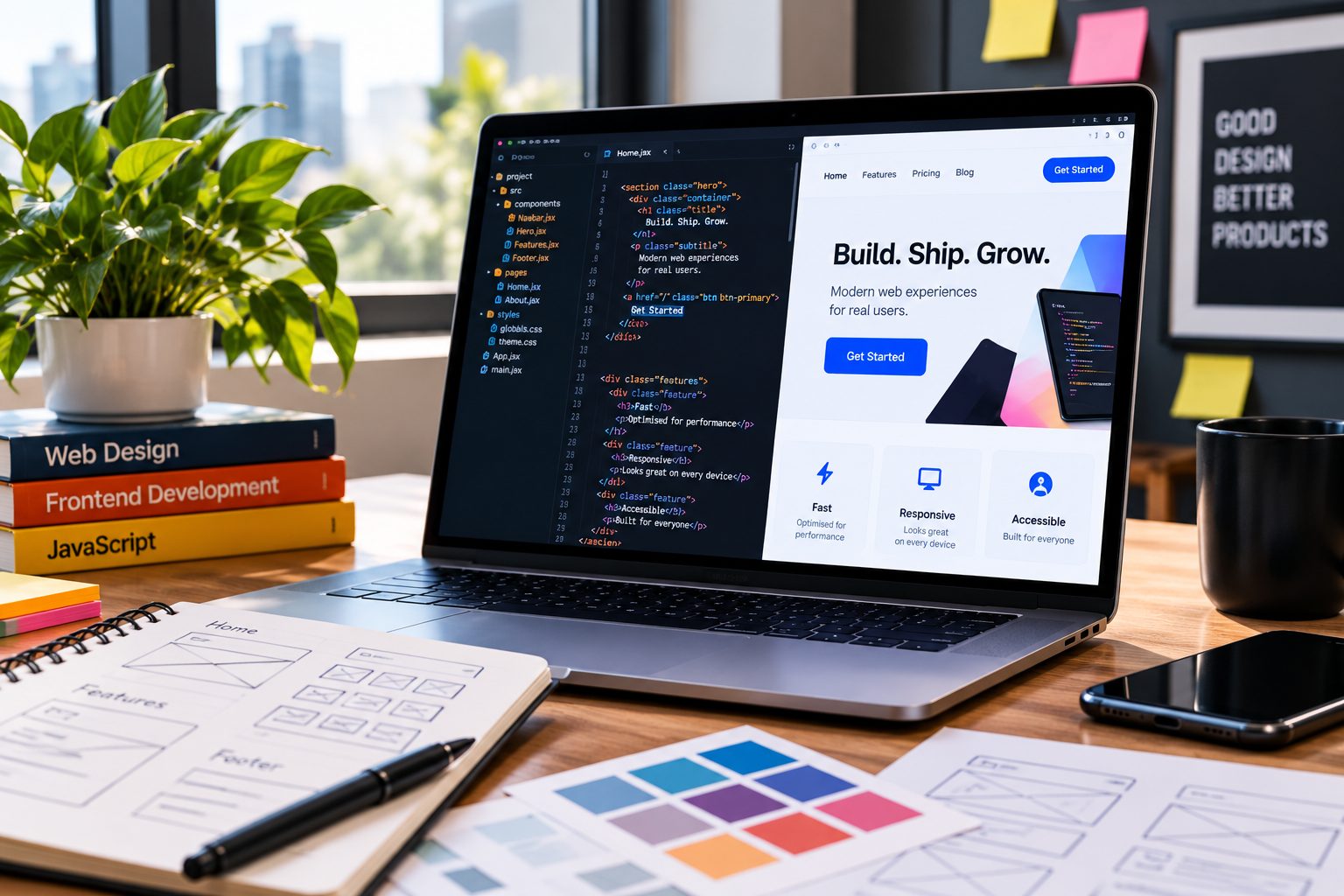 A developer workspace with code, a live site and wireframe sketches