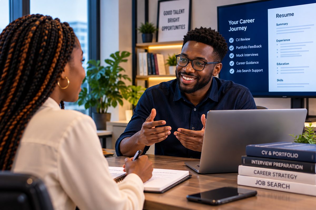 A mentor going through CV and portfolio feedback with a mentee