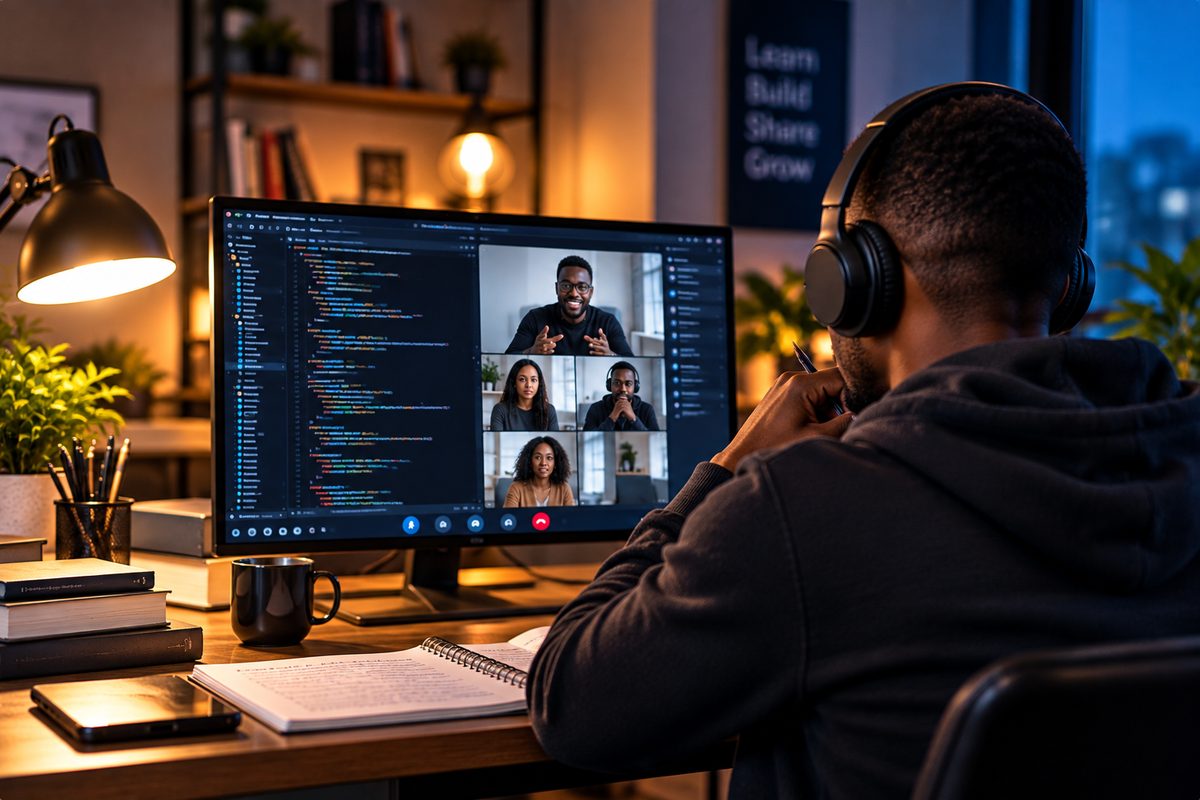 A mentee in headphones on an evening group call, with code open on screen