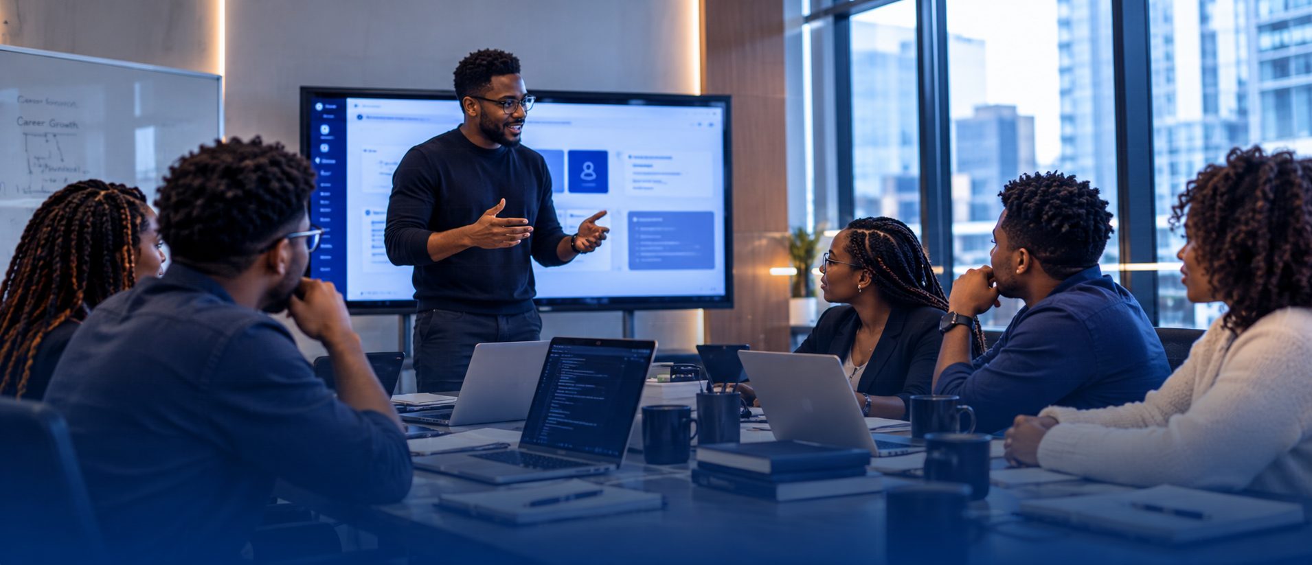 A mentor presenting to a room of mentees around a table of laptops