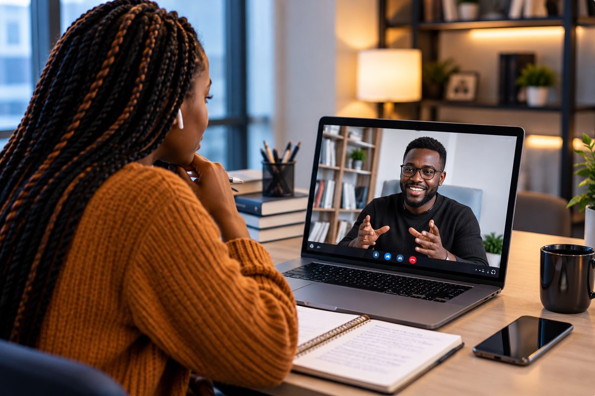A mentee on a video call with her mentor, taking notes