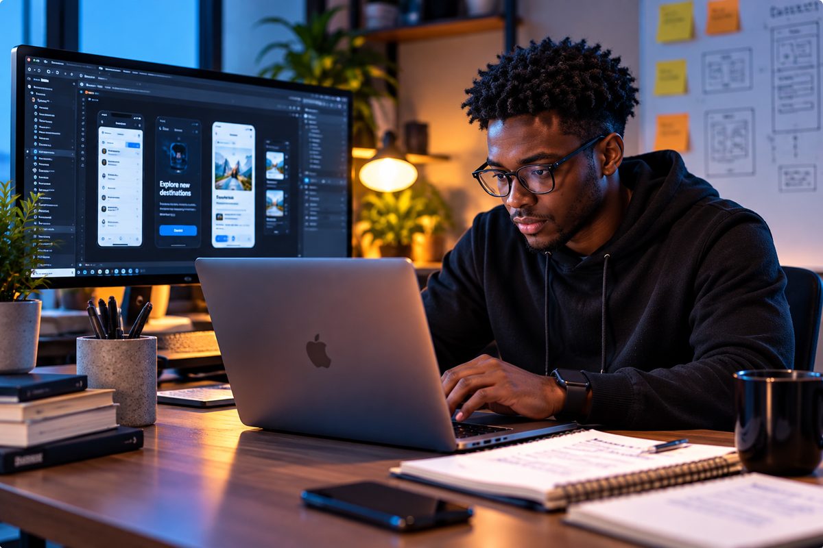 A mentee designing app screens on his laptop and monitor