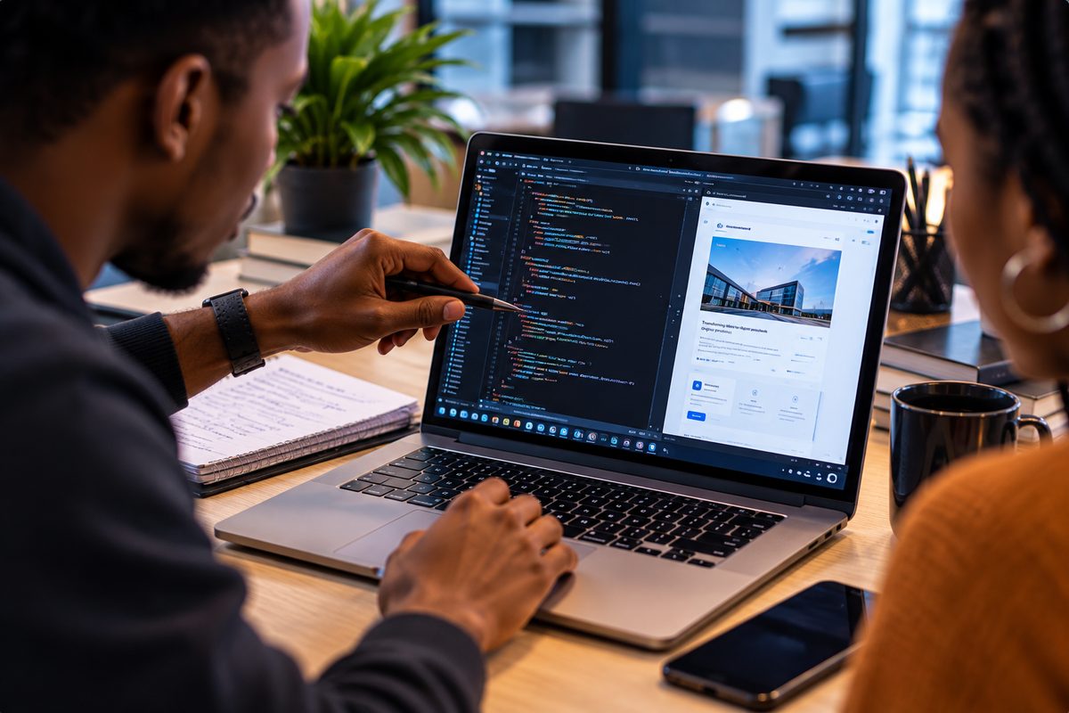 A mentor pointing out a line of code on a laptop during a review