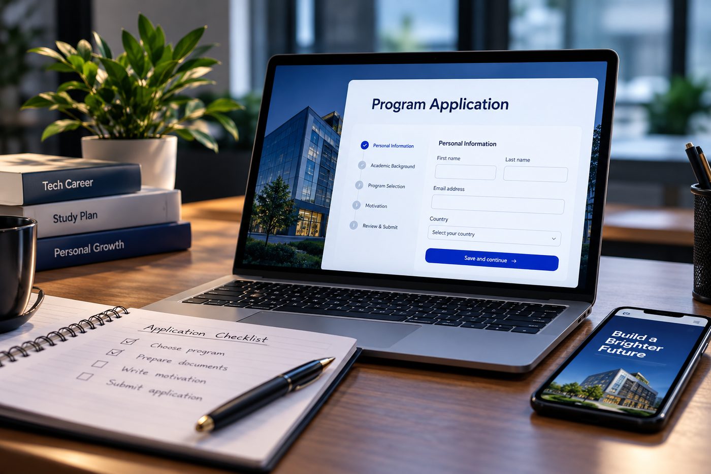 A laptop open on the FMP application form beside an application checklist