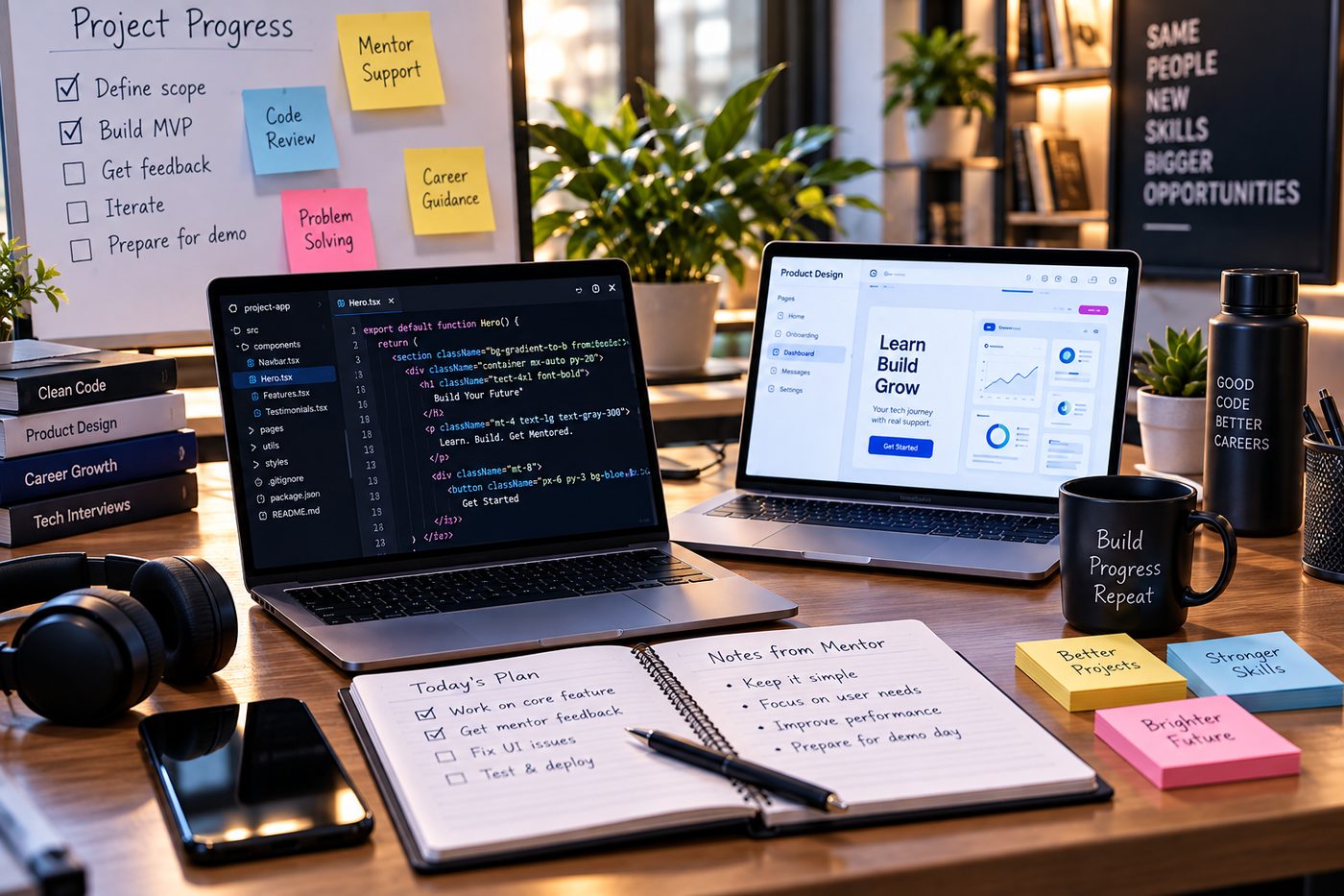 A desk with code, a project progress board and notes from a mentor