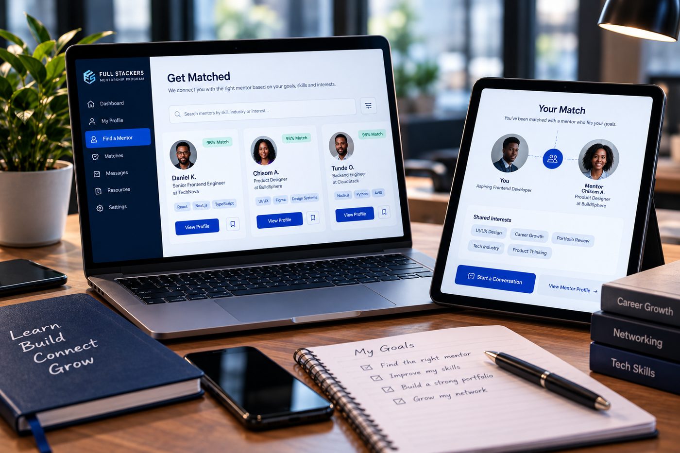 The FMP matching screen on a laptop and a tablet showing a mentee's mentor match
